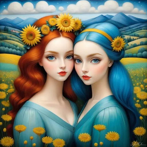 Prompt: Young women hug each other, sweet smiles, flowers and mimosa branches, landscape with optical effect, expressive faces, sharp eyes, style trompe d'oeil, oil painting, painter, paintings by masters, museum, paintings and sculptures, visual delirium, dreamlike, style pop surrealism, modern art, vibrant colors, detailed, style Victoria Nahum, Nicoletta Ceccoli, style Van gogh, style Alexander Jansson, style Picasso, Amazing and beautiful creation, characters and elements of the scenery entirely within the frame of the image, detailed realization, definition high quality, expressive faces, sharp eyes, style trompe d'oeil, surrealism, ambitious aestheticism, varied elements, iconoclast and numerous