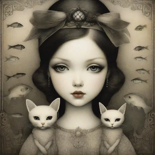 Prompt: Fine art etching portrait of a stylized cute girl with her cats and fish with big eyes depicted style combination of Bill Carman, Nicoletta Ceccoli, Amy Earles and Abigail Larson. Calotype print, Pictorialism, Grimdark, frontal facing portrait, extremely detailed, beautiful.