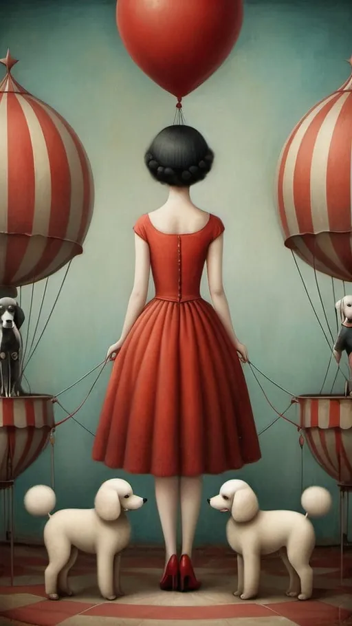 Prompt: Oil on canvas image, soft colors, combination of styles by Catrin Welz-Stein, Nicoletta Ceccoli. Scene inside the circus. Woman, short black hair, light red dress, with her trained toy poodles. Dreamlike composition abstract surrealism