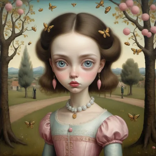 Prompt: Gaze of a young woman, large heavenly eyes, holdinga leg made of wood and iron. Full-length portrait, landscape with  optical effect and with pink and yellow bees and chestnut trees. Expressive faces, sharp eyes, style trompe d'oeil, oil painting, painter, paintings by masters, museum, paintings and sculptures, visual delirium, dreamlike, style pop surrealism, modern art, vibrant colors, detailed, style mark ryden, Nicoletta Ceccoli, style Van gogh, style Alexander Jansson, style Picasso, Amazing and beautiful creation, characters and elements of the scenery entirely within the frame of the image, detailed realization, definition high quality, expressive faces, sharp eyes, style trompe d'oeil, surrealism, ambitious aestheticism, varied elements, iconoclast and numerous