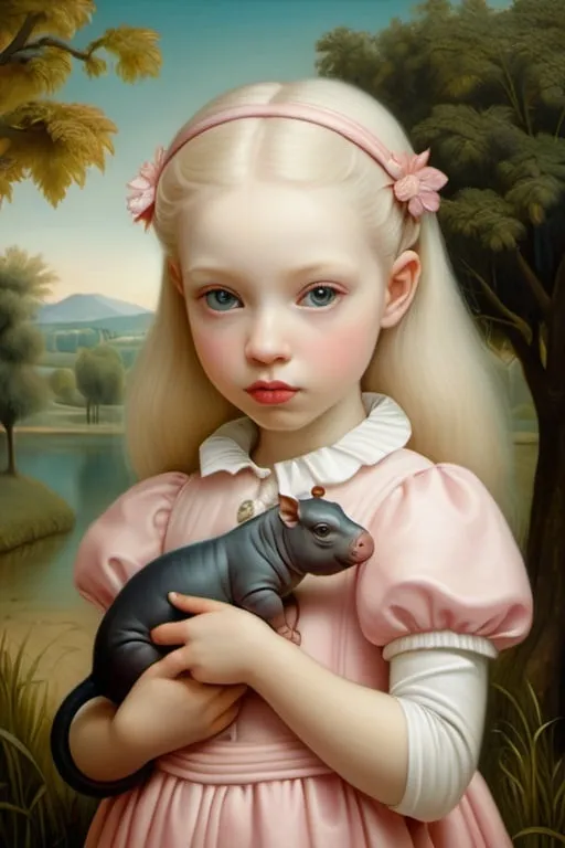 Prompt: Gaze of a young woman, large gray eyes, holding and delicately caressing a very small dwarf albino hippopotamus. Full-length portrait, landscape with  optical effect, pink and yellow bees and chestnut trees. expressive faces, sharp eyes, style trompe d'oeil, oil painting, painter, paintings by masters, museum, paintings and sculptures, visual delirium, dreamlike, style pop surrealism, modern art, vibrant colors, detailed, style mark ryden, Nicoletta Ceccoli, style Van gogh, style Alexander Jansson, style Picasso, Amazing and beautiful creation, characters and elements of the scenery entirely within the frame of the image, detailed realization, definition high quality, expressive faces, sharp eyes, style trompe d'oeil, surrealism, ambitious aestheticism, varied elements, iconoclast and numerous