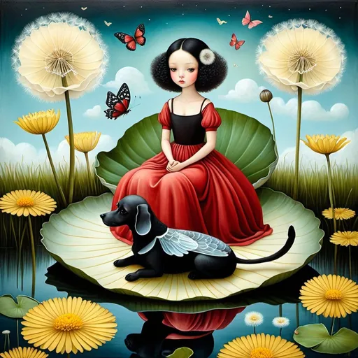 Prompt: Oil on chapped canvas image, melancholy atmsphere. Combination of styles by Catrin Welz-Stein, Nicoletta Ceccoli, Amy Earles and Abigail Larson. not featured image of a young woman, black hair, light red dress, big eyes brown, with her black toy poodle. sitting on a large lily pad flying among clouds and dandelion flowers. sitting on a large lily pad flying among clouds and dandelion flowers. Butterflies with large bodies, lake grasses