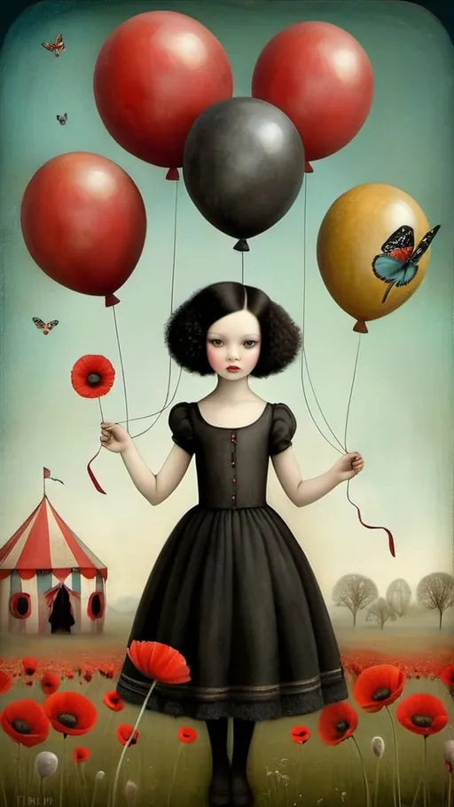 Prompt: art by Catrin Welz-Stein, Nicoletta Ceccoli, Victoria Nahum,  young Caucasian woman, black hair, black toy poodle tamer, circus tent,  bandwagons,  balloons,flowers and poppies flowers dandelion, butterflies