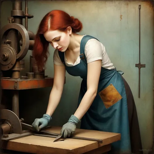 Prompt: sweet look of a female metalworker bent over her work, art by Christian Schloe, Gabriel Pacheco, Patricia Polacco