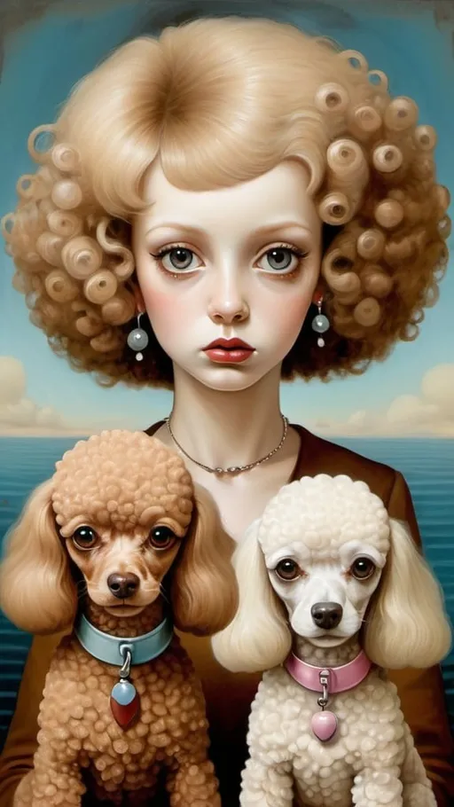 Prompt: Stylized portrait of toy poodles, variously colored, brown, beige. Surreal art, big eyes, oil painting, striking and beautiful creation, surrealism, ambitious aestheticism, varied elements, iconoclastic and numerous. Strange, watery colors blending together. style by Laura Callaghan, Petah Coyne, Dave Coverly, catrin welz-stein, Catherine Holman, Bill Carman