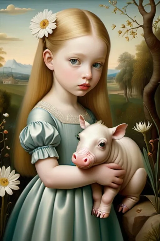 Prompt: Gaze of a young woman, large gray eyes, holding and delicately caressing a very small dwarf albino hippopotamus, full-length portrait, landscape with flowering horse chestnuts and  optical effect, expressive faces, sharp eyes, style trompe d'oeil, oil painting, painter, paintings by masters, museum, paintings and sculptures, visual delirium, dreamlike, style pop surrealism, modern art, vibrant colors, detailed, style mark ryden, Nicoletta Ceccoli, style Van gogh, style Alexander Jansson, style Picasso, Amazing and beautiful creation, characters and elements of the scenery entirely within the frame of the image, detailed realization, definition high quality, expressive faces, sharp eyes, style trompe d'oeil, surrealism, ambitious aestheticism, varied elements, iconoclast and numerous