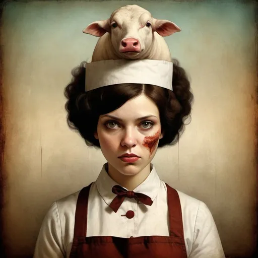 Prompt: what is hidden in the thoughts of a female butcher, with big brown and tearful eyes as she cuts her meat, art by Christian Schloe, Gabriel Pacheco, Patricia Polacco