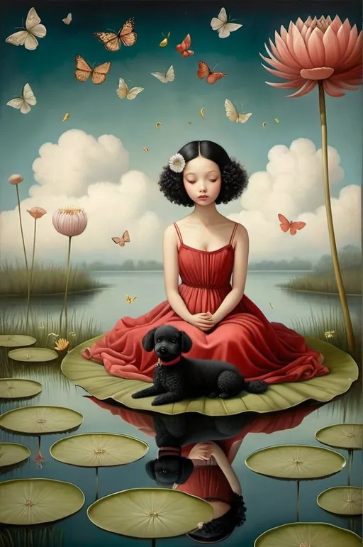 Prompt: Oil on chapped canvas image, melancholy atmsphere. Combination of styles by Catrin Welz-Stein, Nicoletta Ceccoli, Amy Earles and Abigail Larson. not featured image of a young woman, black hair, light red dress, big eyes brown, with her black toy poodle. sitting on a large lily pad flying among clouds and dandelion flowers. sitting on a large lily pad flying among clouds and dandelion flowers. Butterflies with large bodies, lake grasses