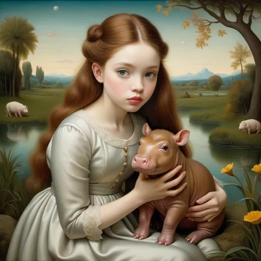 Prompt: Gaze of a young woman, large gray eyes, holding and delicately stroking the brown hair of a very small dwarf albino hippopotamus, full-length portrait, landscape with optical effect, expressive faces, sharp eyes, style trompe d'oeil, oil painting, painter, paintings by masters, museum, paintings and sculptures, visual delirium, dreamlike, style pop surrealism, modern art, vibrant colors, detailed, style mark ryden, Nicoletta Ceccoli, style Van gogh, style Alexander Jansson, style Picasso, Amazing and beautiful creation, characters and elements of the scenery entirely within the frame of the image, detailed realization, definition high quality, expressive faces, sharp eyes, style trompe d'oeil, surrealism, ambitious aestheticism, varied elements, iconoclast and numerous