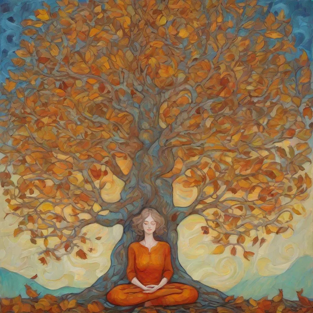 Prompt: A woman meditating under a large autumn tree, fawncore,  textured painting, impasto, fauvist, magical realism style, art by  Emily Balivet, Del Kathryn Barton, Elsa Beskow