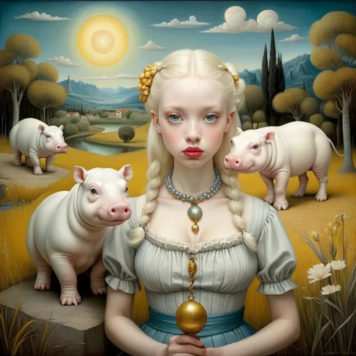 Prompt: Gazes of young women, large gray eyes, holding dwarf albino hippos on a leash, landscape with optical effect, expressive faces, sharp eyes, style trompe d'oeil, oil painting, painter, paintings by masters, museum, paintings and sculptures, visual delirium, dreamlike, style pop surrealism, modern art, vibrant colors, detailed, style mark ryden, Nicoletta Ceccoli, style Van gogh, style Alexander Jansson, style Picasso, Amazing and beautiful creation, characters and elements of the scenery entirely within the frame of the image, detailed realization, definition high quality, expressive faces, sharp eyes, style trompe d'oeil, surrealism, ambitious aestheticism, varied elements, iconoclast and numerous