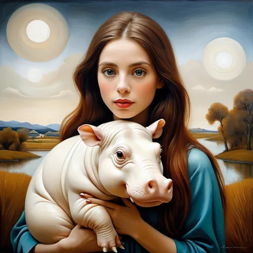 Prompt: small woman with big gray eyes holds an small albino hippopotamus with thick brown hair in her arms, landscape with optical effect, expressive faces, sharp eyes, style trompe d'oeil, oil painting, painter, paintings by masters, museum, paintings and sculptures, visual delirium, dreamlike, style pop surrealism, modern art, vibrant colors, detailed, style Victoria Nahum, style Alexander Jansson, style Picasso, Amazing and beautiful creation, characters and elements of the scenery entirely within the frame of the image, detailed realization, definition high quality, expressive faces, sharp eyes, style trompe d'oeil, surrealism, ambitious aestheticism, varied elements, iconoclast and numerous