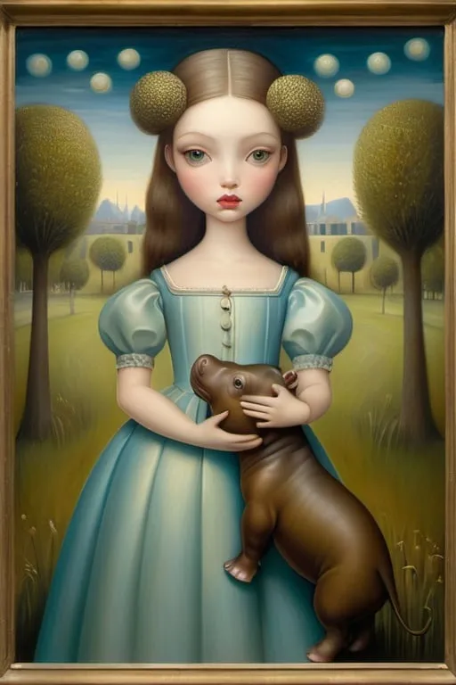 Prompt: Gaze of a young woman, large heavenly eyes, holding and delicately caressing a little hippopotamus. Full-length portrait, landscape with  optical effect and chestnut trees. Expressive faces, sharp eyes, style trompe d'oeil, oil painting, painter, paintings by masters, museum, paintings and sculptures, visual delirium, dreamlike, style pop surrealism, modern art, vibrant colors, detailed, style mark ryden, Nicoletta Ceccoli, style Van gogh, style Alexander Jansson, style Picasso, Amazing and beautiful creation, characters and elements of the scenery entirely within the frame of the image, detailed realization, definition high quality, expressive faces, sharp eyes, style trompe d'oeil, surrealism, ambitious aestheticism, varied elements, iconoclast and numerous