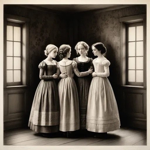 Prompt: Fine art etching portrait of a stylized  scene of little women embracing each other,  background a large room with a wooden floor, cute  depicted style combination of Bill Carman, Nicoletta Ceccoli, Amy Earles and Abigail Larson. Calotype print, Pictorialism, Grimdark, frontal facing portrait, extremely detailed, beautiful.