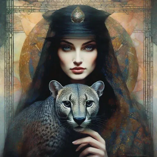 Prompt: woman with eyes of a panther holding a glass armadillo, art style by Edward Robert Hughes, Rimel Neffati, Felicia Simion, Charles Rennie Mackintosh, Sidney Nolan, Kim Keever, Mikalojus Konstantinas Ciurlionis. Ethereal gloomy mood, Mixed media, guache, beautiful realistic eyes, watercolor and ink, impressionist, 3d, volumetric lighting.