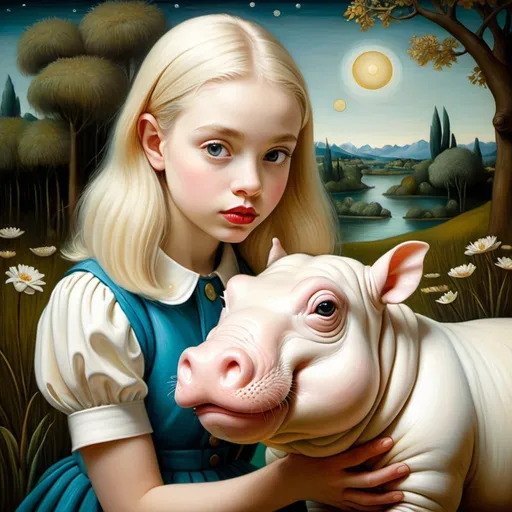 Prompt: Gazes of a young woman, large gray eyes, holding and caressing a dwarf albino hippopotamus, landscape with optical effect, expressive faces, sharp eyes, style trompe d'oeil, oil painting, painter, paintings by masters, museum, paintings and sculptures, visual delirium, dreamlike, style pop surrealism, modern art, vibrant colors, detailed, style mark ryden, Nicoletta Ceccoli, style Van gogh, style Alexander Jansson, style Picasso, Amazing and beautiful creation, characters and elements of the scenery entirely within the frame of the image, detailed realization, definition high quality, expressive faces, sharp eyes, style trompe d'oeil, surrealism, ambitious aestheticism, varied elements, iconoclast and numerous