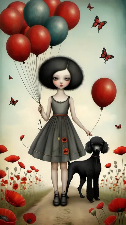 Prompt: art by Catrin Welz-Stein, Nicoletta Ceccoli, Victoria Nahum, circus tent, young Caucasian woman, black hair, black toy poodle tamer, metal rings, balloons, bandwagons, flowers and poppies flowers dandelion, butterflies