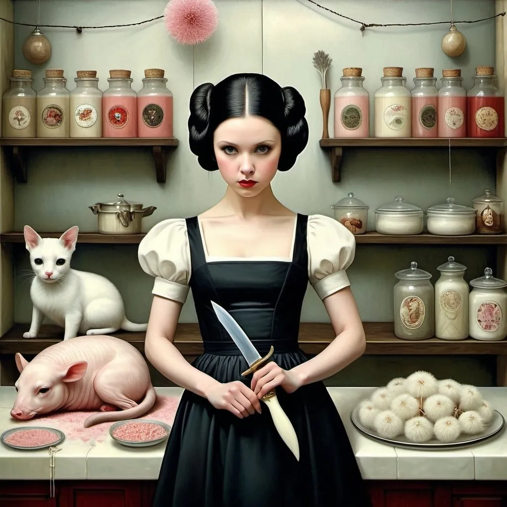 Prompt: Oil on chapped canvas image, soft colorst, melancholy atmsphere. Combination of styles by Mark Ryden, Catrin Welz-Stein, Nicoletta Ceccoli. not featured image of a Young woman, black hair, hairstyle like that of Princess Leia from Star Wars, black dress with dandelion flowers. is behind the counter of her weird animal butcher shop, holding a large knife.