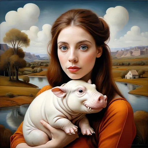 Prompt: small woman with big gray eyes holds an small albino hippopotamus with thick brown hair in her arms, landscape with optical effect, expressive faces, sharp eyes, style trompe d'oeil, oil painting, painter, paintings by masters, museum, paintings and sculptures, visual delirium, dreamlike, style pop surrealism, modern art, vibrant colors, detailed, style Victoria Nahum, style Alexander Jansson, style Picasso, Amazing and beautiful creation, characters and elements of the scenery entirely within the frame of the image, detailed realization, definition high quality, expressive faces, sharp eyes, style trompe d'oeil, surrealism, ambitious aestheticism, varied elements, iconoclast and numerous