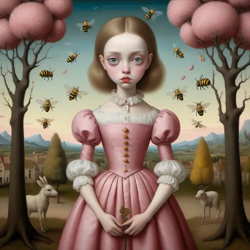 Prompt: Gaze of a young woman, large heavenly eyes, holdinga leg made of wood and iron. Full-length portrait, landscape with  optical effect and with pink and yellow bees and chestnut trees. Expressive faces, sharp eyes, style trompe d'oeil, oil painting, painter, paintings by masters, museum, paintings and sculptures, visual delirium, dreamlike, style pop surrealism, modern art, vibrant colors, detailed, style mark ryden, Nicoletta Ceccoli, style Van gogh, style Alexander Jansson, style Picasso, Amazing and beautiful creation, characters and elements of the scenery entirely within the frame of the image, detailed realization, definition high quality, expressive faces, sharp eyes, style trompe d'oeil, surrealism, ambitious aestheticism, varied elements, iconoclast and numerous