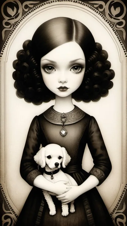 Prompt: Fine art etching portrait of a stylized cute girl with her poodles with big eyes depicted style combination of Bill Carman, Nicoletta Ceccoli, Amy Earles and Abigail Larson. Calotype print, Pictorialism, Grimdark, frontal facing portrait, extremely detailed, beautiful.