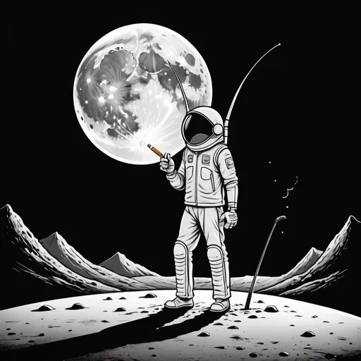 Prompt: Black and white cartoon illustration of a humanoid cricket, standing on the moon, smoking a cigarette, high contrast, hand-drawn, detailed moon surface, simple linework, whimsical, lunar landscape, lunar lighting, smoking, cigarette, humanoid, cricket, moon, black and white, high contrast, hand-drawn, detailed, whimsical, simple linework, lunar landscape, lunar lighting