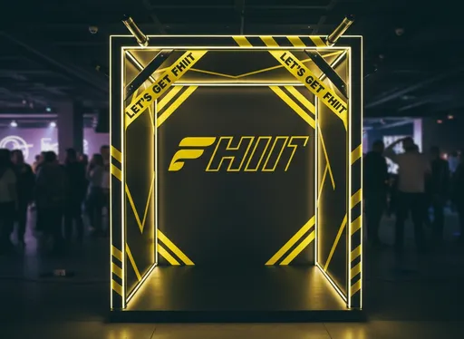 Prompt: Create a front facing realistic funky photobooth with the yellow FHIIT logo in the provided image at the back. Colours should be black and yellow.  Use the provided image with people as a reference.  