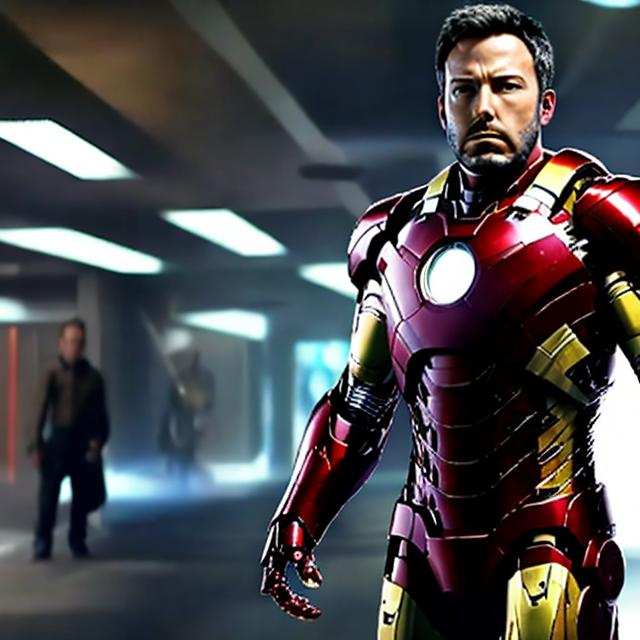 Prompt: Ben Affleck wearing an iron man suit without the helmet