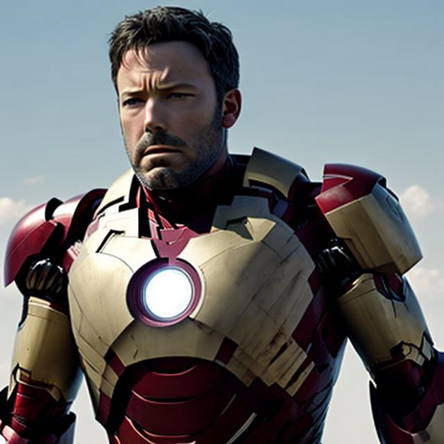 Prompt: Ben Affleck wearing an iron man suit without the helmet