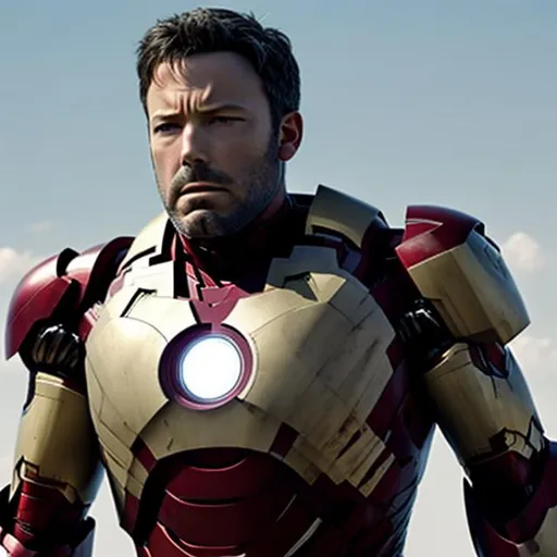 Prompt: Ben Affleck wearing an iron man suit without the helmet