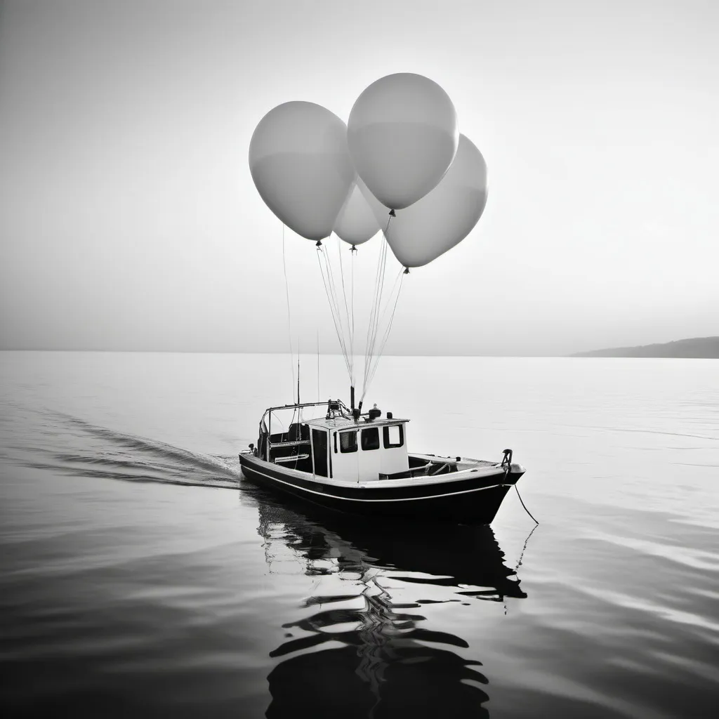 Prompt: A boat in the sea not anchored attached to it 10 white big  balloons picture black  and white 