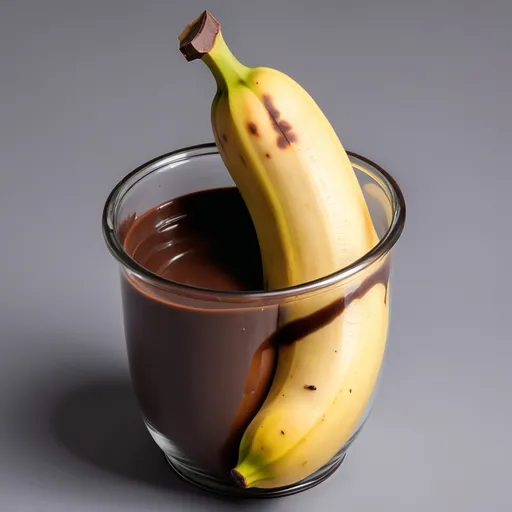 Prompt: un banano que esta siendo metido en una olla de chocolate