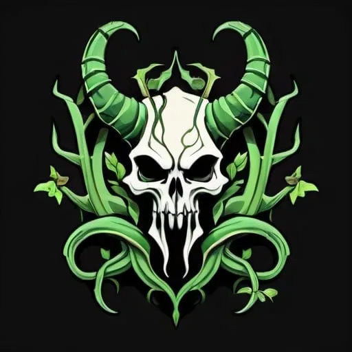Prompt: Demonic gamer logo based around plague, death, has horns,  decaying vines with thorns and different shades of green with a border with a mix of decaying plants, corrupted tentacles, and flower buds losing color, black background