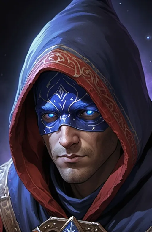 Prompt: A wizard character from Pillars of Eternity that is a moon godlike who wears a hood. Top half of face is covered to look mysterious. His name is Blue Mage. With this prompt and image make his foil and rival Red Mage.