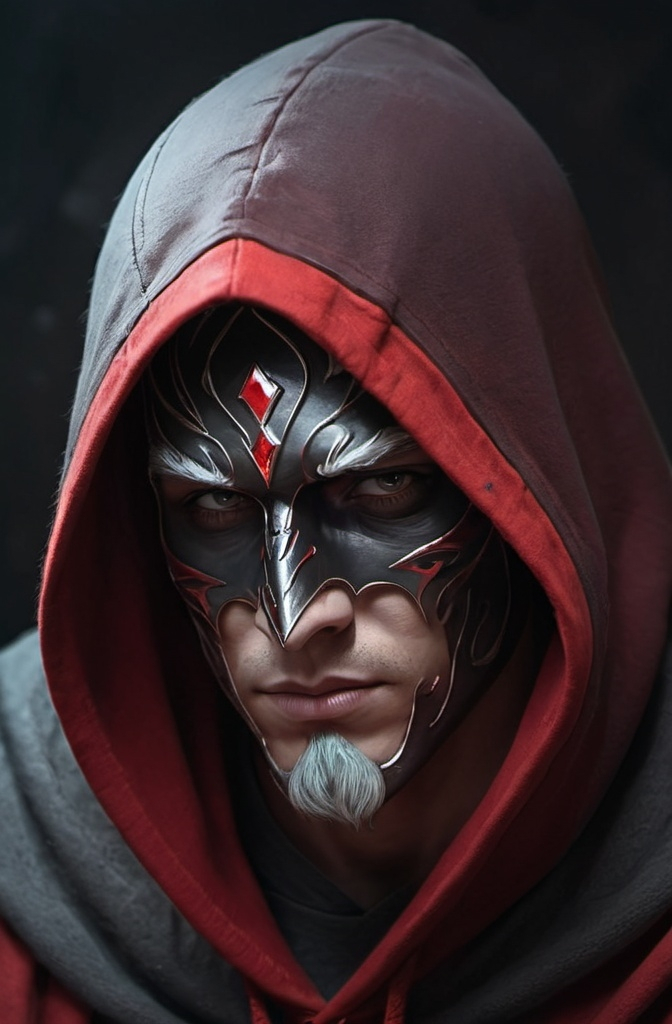 Prompt: a man in a crimson mask and red hoodie with an ashen face and a red cape on his head.  fantasy art, face enhance, a character portrait