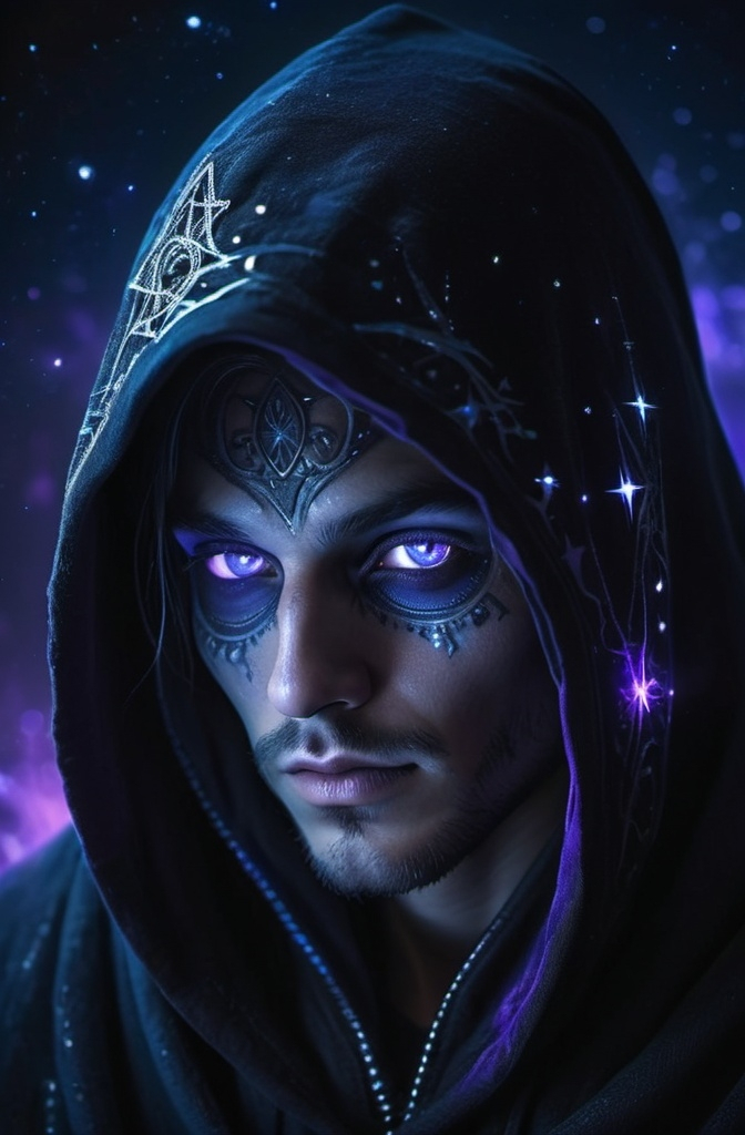 Prompt: A wizard character from Pillars of Eternity that is a moon godlike who wears a hood. Top half of face is covered to look mysterious