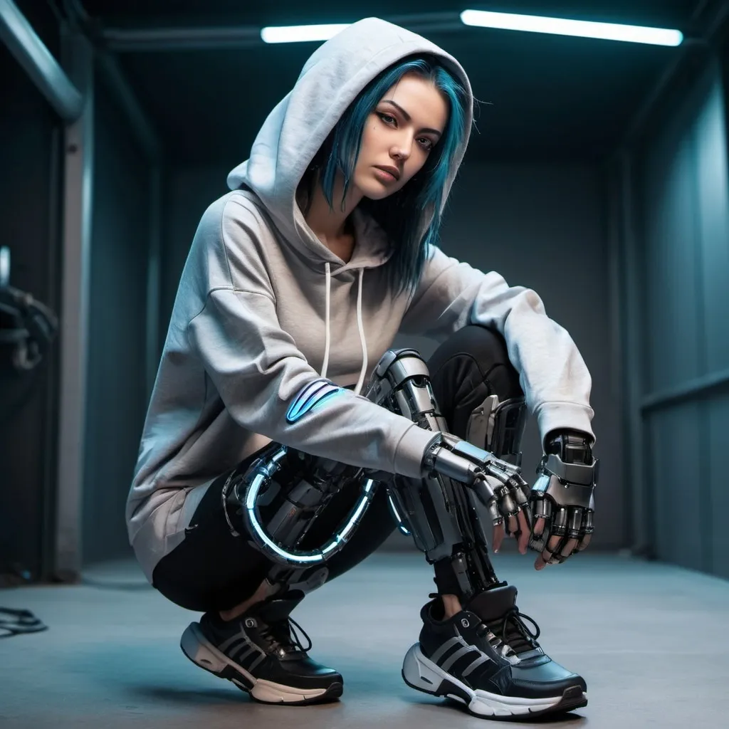 Prompt: female cyberpunk with robotic arm wearing a hoodie, pants and sneakers
