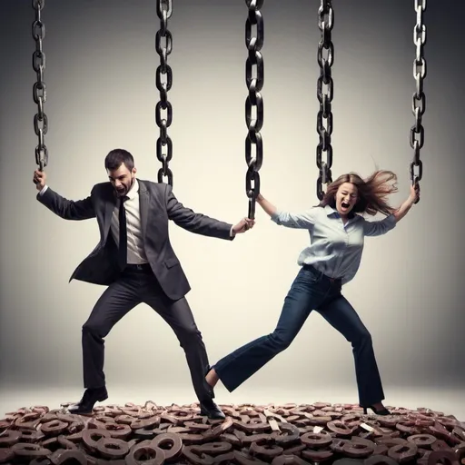 Prompt: Man and Woman breaking free from the chains of debt
