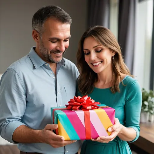 Prompt: Man giving his wife a beautiful gift wrapped in colorful paper.

