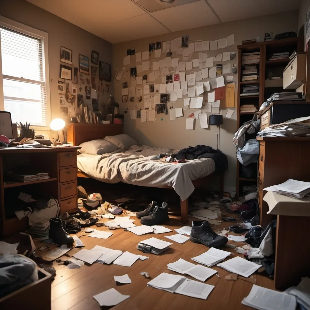 Prompt: A cluttered dorm room with clothes and books scattered on a bed, a messy desk with papers and a coffee cup, and a chaotic floor with shoes and trash.”