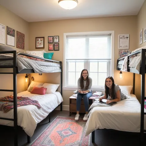 Prompt: A beautifully decorated and organized dorm room for two students, with clean desks, laptop computers on each desk, a carpet between the beds, nice window treatments, artfully decorated walls. Two female students sitting on the beds, smiling and happy.
