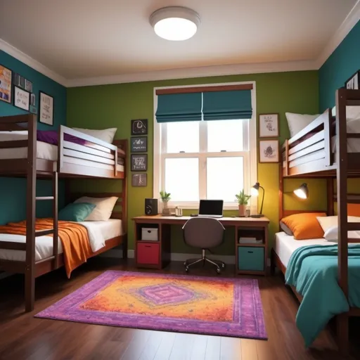 Prompt: A beautifully decorated and organized dorm room for two students, with clean desks, laptop computers on each desk, a carpet between the beds, nice window treatments, artfully decorated walls. 