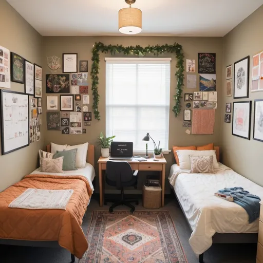 Prompt: A beautifully decorated and organized dorm room for two students, with clean desks, laptop computers on each desk, a carpet between the beds, nice window treatments, artfully decorated walls. 