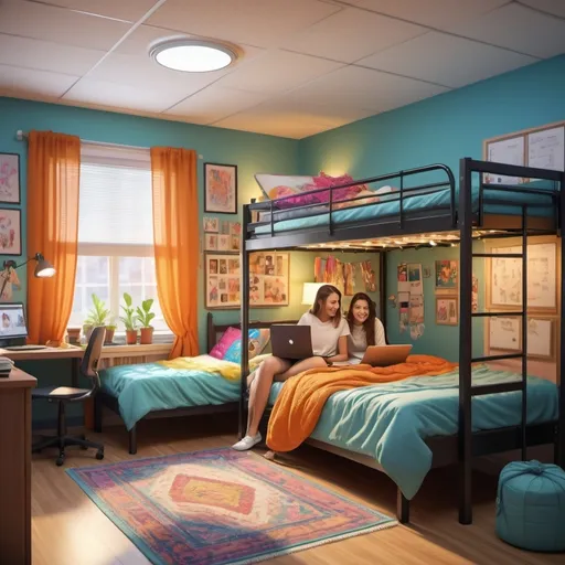 Prompt: A beautifully decorated and organized dorm room for two students, with clean desks, laptop computers on each desk, a carpet between the beds, nice window treatments, artfully decorated walls. Two female students sitting on the beds, smiling and happy.
