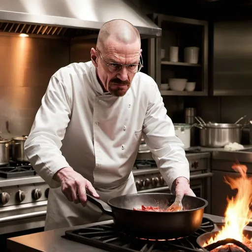 Prompt: Walter white cooking in hell kitchen 