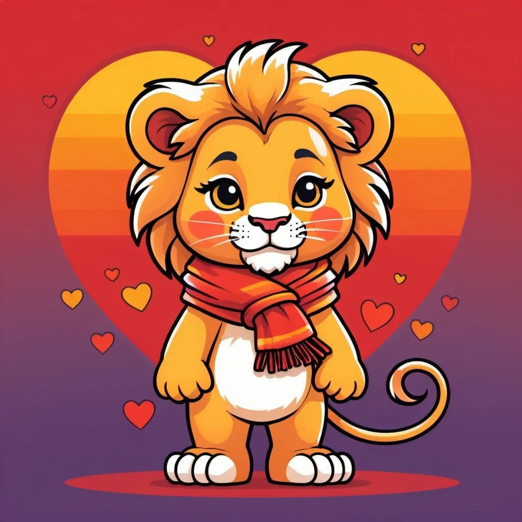 Prompt: Chibi kawaii cute cartoon illustration, orange outlines, a lion with golden hair, saturated colors, rainbow bar on one foot,red scarf,heart icone on arm,red background,t shirt design