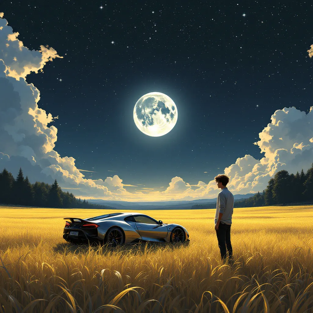 Prompt: "A young man stands in a golden field at night, gazing at a sleek sports car under a breathtaking starry sky. The full moon shines brightly, casting a soft glow on the scene. The sky is filled with scattered glowing orbs and fluffy clouds, creating a dreamy, atmospheric look. Trees with dark silhouettes frame the edges, and the car reflects the moonlight beautifully. The artwork has a detailed, semi-realistic, and slightly anime-inspired style, emphasizing warm golden hues contrasting with the deep blue night sky."