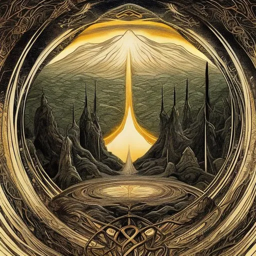 Prompt: In a style reminiscent of JRR Tolkiens original dust jacket art for the lord of the rings, an image suitable for a substack banner image that depicts the themes of starting a noble work, planting the seeds of wisdom, thoughtful intent, emotional balance, and a powerful urge to do good. use more abstract and mythic symbolism in the deisgn, more negative space, less depictions of peoples faces, and no words
