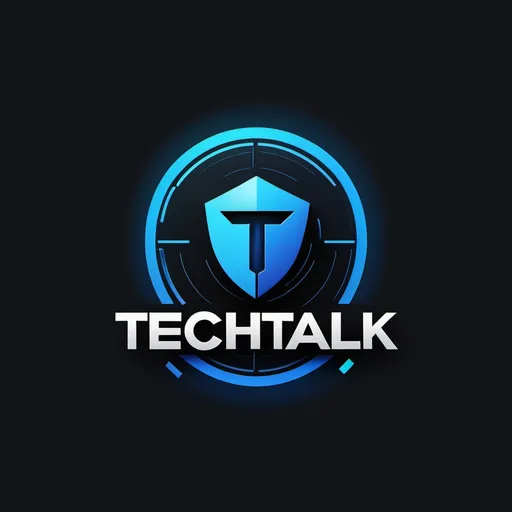 Prompt: (accurately spelled text "TechTalk"), logo design, edgy style, modern aesthetics, bold font, sleek and professional, tech-themed elements, digital security motifs, vibrant color palette with shades of electric blue and black, high contrast, relatable for students and instructors, minimalist yet striking layout, representing authenticity and relevance in cybersecurity education.