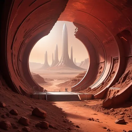 Prompt:  In the cross-section of Mars, we see an extraordinary blend of the planet's pure, red surface with mystical, luminous structures of an alien civilization. Their architecture is based on delicate curves and geometric shapes, emitting an unearthly glow. Pathways made of luminescent material intersect between the buildings, leading to monumental chambers where clockwork machines resonate with mysterious melodies. In the background, there's a delicate, iridescent dust, adding an otherworldly charm to the scene.